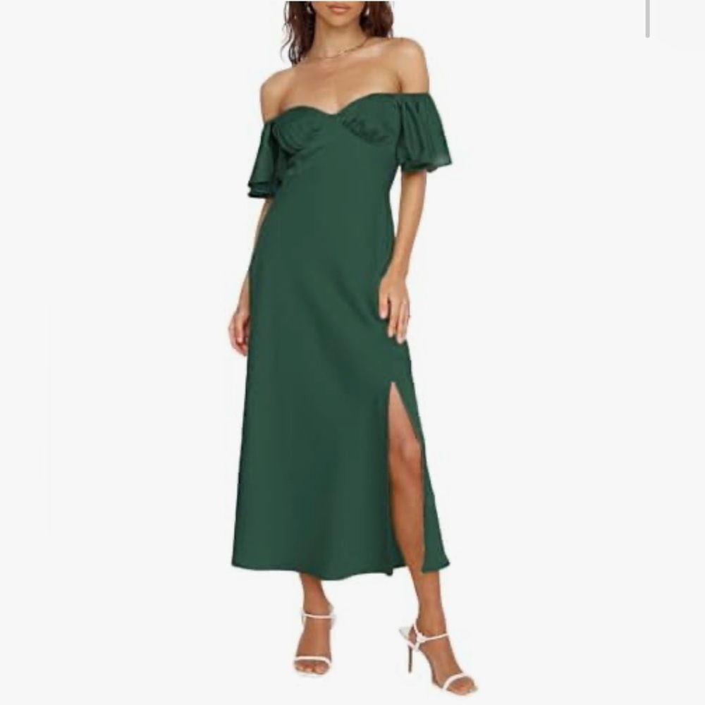 Satin Off Shoulder Formal Wedding Elegant Butterfly Sleeve Split Cocktail Dress